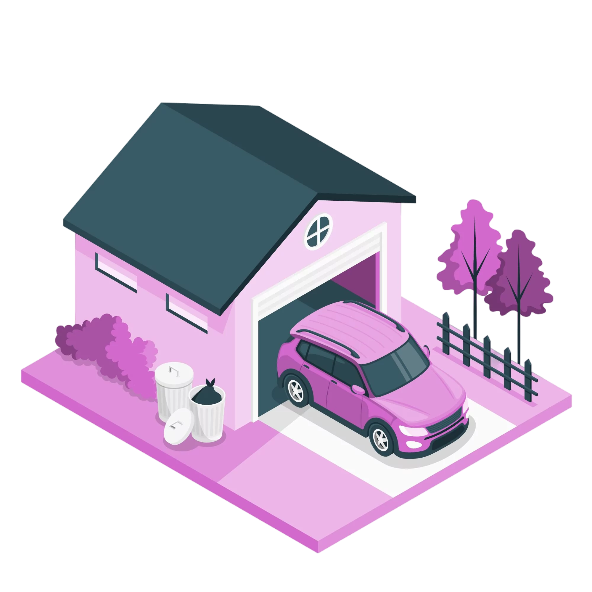 A 3d illustration of a garage with a parked car.